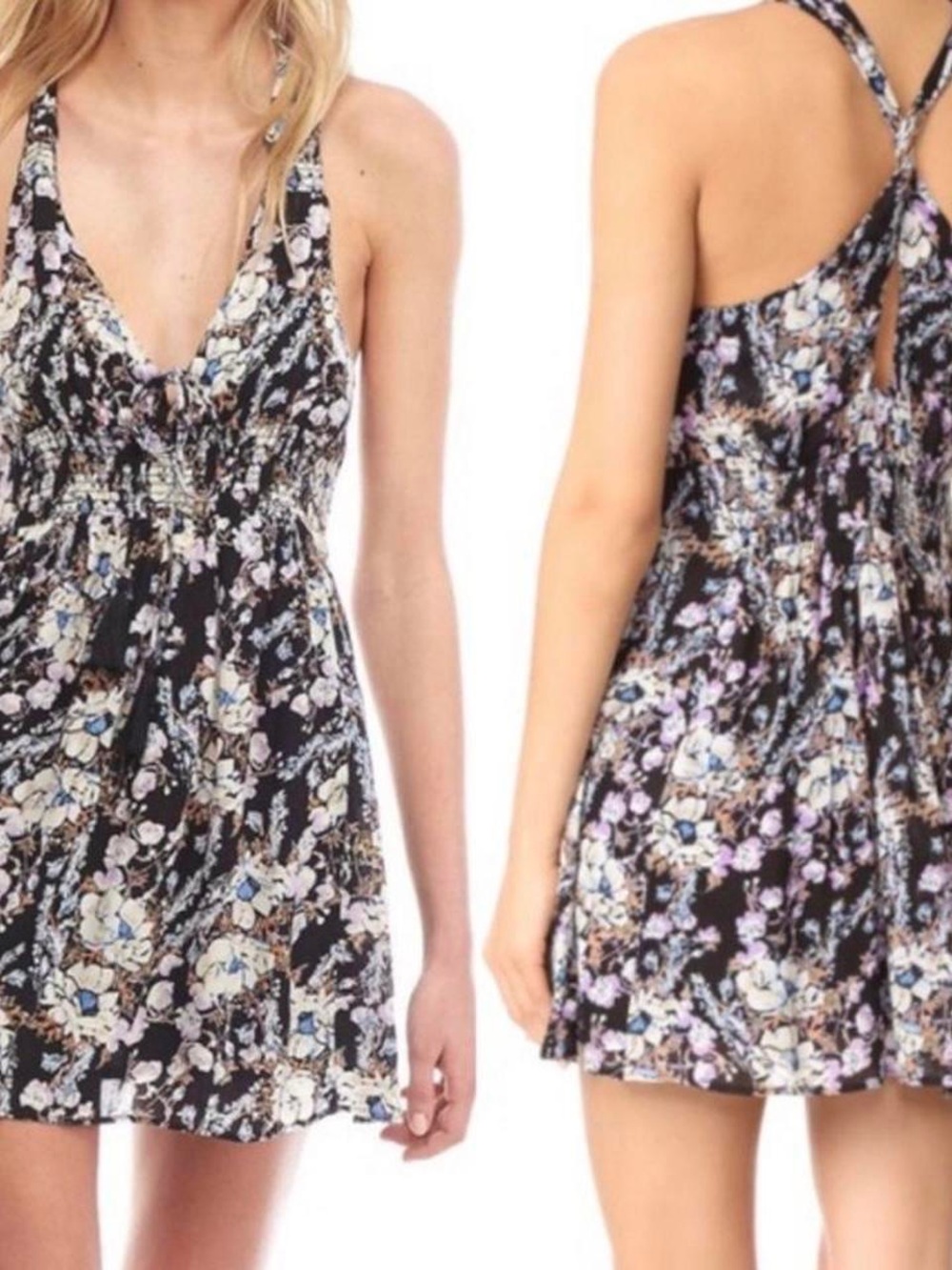 Free people washed ashore Floral Black V-Neck Summer Dress size M